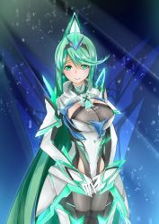 Rule 34 | 1girl, armor, commentary request, elbow gloves, female focus, gem, gloves, green eyes, green hair, hair ornament, highres, jewelry, long hair, matching hair/eyes, nintendo, pneuma (xenoblade), ponytail, sarasadou dan, solo, spoilers, standing, symbol, tiara, very long hair, xenoblade chronicles (series), xenoblade chronicles 2