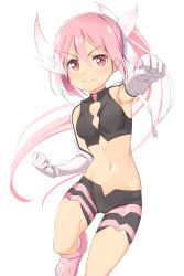Rule 34 | &gt;:), 10s, 1girl, bike shorts, blush, breasts, clenched hands, gloves, hair ornament, hair ribbon, highres, long hair, looking at viewer, michairu, midriff, navel, outstretched arm, pink hair, ponytail, red eyes, ribbon, small breasts, smile, solo, v-shaped eyebrows, very long hair, white background, yuuki yuuna, yuuki yuuna wa yuusha de aru, yuusha de aru