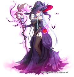 Rule 34 | 1girl, apple, bare shoulders, bat (animal), black thighhighs, blue hair, corset, detached sleeves, dress, flower, food, fruit, full body, garter straps, gyakushuu no fantasica, hair over one eye, hair over shoulder, hat, long hair, looking at viewer, magic, millgua, nail polish, official art, purple dress, purple flower, purple rose, red eyes, rose, side slit, solo, staff, thighhighs, throne, very long hair, witch hat