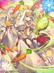 Rule 34 | animal, animal ears, carrot, chalice, cup, day, dress, egg, fire emblem, fire emblem cipher, fire emblem heroes, food, gloves, grey hair, hair ornament, horse, long hair, nintendo, official art, outdoors, pantyhose, puffy short sleeves, puffy sleeves, rabbit ears, red eyes, see-through, short dress, short sleeves, umiu geso, veronica (fire emblem), white dress, white legwear