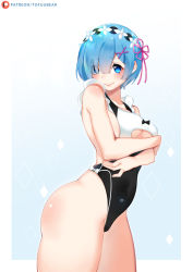 Rule 34 | 10s, 1girl, arms under breasts, backless outfit, blue eyes, blue hair, blush, body blush, breasts, closed mouth, clothing cutout, commentary, covered navel, cowboy shot, eyes visible through hair, flower, hair between eyes, hair flower, hair ornament, hair over one eye, hair ribbon, hairband, looking at viewer, medium breasts, one-piece swimsuit, patreon username, re:zero kara hajimeru isekai seikatsu, red ribbon, rem (re:zero), ribbon, short hair, solo, swimsuit, thighs, tofuubear, underboob cutout, x hair ornament