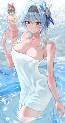 Rule 34 | 2girls, amber (genshin impact), bare shoulders, black headband, blue hair, breasts, cleavage, closed mouth, cold, collarbone, commentary, eula (genshin impact), genshin impact, goggles, goggles on head, hair ornament, headband, highres, large breasts, medium hair, multiple girls, naked towel, o o, onsen, partially submerged, purple eyes, short hair, smile, standing, towel, trembling, uenoryoma, water