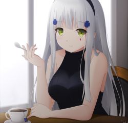 Rule 34 | 1girl, black shirt, blue hair, breasts, collarbone, cup, girls&#039; frontline, green eyes, hairband, highres, hk416 (girls&#039; frontline), jewelry, keenh, large breasts, long hair, looking at viewer, medium breasts, ribbed sweater, ring, shirt, simple background, smile, solo, sweater, teacup, wedding ring