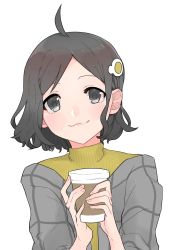 Rule 34 | 1girl, ahegao, ahoge, araragi tsukihi, black hair, coffee cup, cup, disposable cup, egg hair ornament, food-themed hair ornament, grey eyes, hair ornament, highres, holding, holding cup, je8, looking at viewer, monogatari (series), shirt, short hair, simple background, solo, sweater, turtleneck, turtleneck sweater, white background, yellow shirt