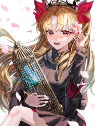 Rule 34 | 1girl, absurdres, birdcage, black dress, blonde hair, blush, cage, dress, earrings, ereshkigal (fate), ereshkigal (third ascension) (fate), fate/grand order, fate (series), gold, hair ribbon, highres, holding, holding cage, huo ting, infinity symbol, jewelry, layered sleeves, long hair, long sleeves, looking at viewer, parted bangs, red eyes, red ribbon, ribbon, skull, skull ornament, solo, spirit, tiara, two side up