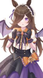 Rule 34 | 1girl, animal ears, black gloves, blush, gloves, hair over one eye, highres, horse ears, horse girl, kurumi lm, long hair, looking at viewer, official alternate costume, open mouth, puffy short sleeves, puffy sleeves, purple eyes, rice shower (make up vampire!) (umamusume), rice shower (umamusume), shirt, short sleeves, signature, simple background, solo, umamusume, white background, white shirt