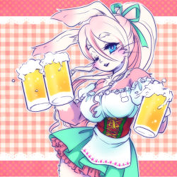 Rule 34 | 1girl, alcohol, artist request, beer, blue eyes, breasts, dirndl, female focus, furry, furry female, german clothes, long hair, oktoberfest, one eye closed, pink hair, skirt, solo, waitress