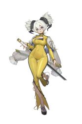 Rule 34 | 1girl, absurdres, blonde hair, bodysuit, breasts, cape, crossed bangs, full body, game cg, guardian tales, highres, holding, holding weapon, horns, katana, latex, latex bodysuit, looking at viewer, medium breasts, official art, open clothes, sheep girl, sheep horns, solo, standing, sword, sword of werebeast rey, transparent background, weapon, yellow bodysuit, zipper
