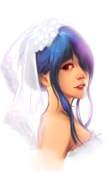 Rule 34 | 10s, 1girl, 2016, artist name, bare shoulders, blue hair, bridal veil, bride, commentary request, date a live, dated, derivative work, hair over one eye, hein27, lips, lipstick, looking at viewer, looking back, makeup, parted lips, photo-referenced, portrait, red eyes, sidelocks, signature, simple background, solo, tokisaki kurumi, veil, white background