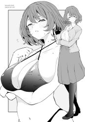Rule 34 | 1girl, ^ ^, bikini, book, breasts, cleavage, closed eyes, closed mouth, full body, greyscale, highres, holding, holding book, kichihachi, large breasts, looking at viewer, monochrome, multiple views, original, short hair, skirt, smile, standing, swimsuit