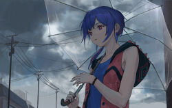 Rule 34 | 1girl, absurdres, blue eyes, blue hair, blue shirt, bracelet, collarbone, commentary, day, diamond earrings, earrings, expressionless, hair over shoulder, highres, holding, holding umbrella, hood, hood down, jacket, jewelry, kamitsubaki studio, long hair, looking ahead, low ponytail, multicolored eyes, multicolored hair, outdoors, over shoulder, overcast, parted lips, power lines, red eyes, red hair, red jacket, rim (kamitsubaki studio), shirt, sky, sleeveless, sleeveless jacket, sleeveless shirt, solo, streaked hair, transparent, transparent umbrella, umbrella, upper body, utility pole, virtual youtuber, yellow pupils, zhongmu