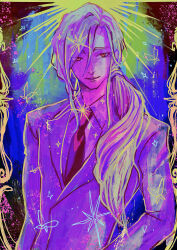 Rule 34 | 1boy, arm at side, backlighting, black necktie, blonde hair, blue background, bug, butterfly, collared shirt, formal, hair between eyes, hair over shoulder, hair tie, happy, insect, jacket, long hair, looking at viewer, male focus, necktie, open mouth, otonoha aika, purple jacket, purple shirt, red eyes, ride kamens, shirt, smile, solo, sparkle, standing, suit, takato taiten, upper body