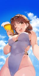 Rule 34 | 1girl, 92m, alcohol, beer, blue sky, breasts, brown eyes, brown hair, casual one-piece swimsuit, cloud, commentary request, eyewear on head, from below, glass, highleg, highleg swimsuit, highres, idolmaster, idolmaster cinderella girls, katagiri sanae, large breasts, long hair, looking at viewer, low twintails, medium breasts, one-piece swimsuit, open mouth, round teeth, short twintails, sky, smile, solo, sunglasses, swimsuit, teeth, twintails, upper teeth only, white one-piece swimsuit