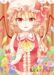Rule 34 | 1girl, absurdres, ascot, blonde hair, blush, brooch, center frills, emico, flandre scarlet, flower, frills, hat, hat ribbon, highres, index finger raised, jewelry, looking at viewer, mob cap, nail polish, pointy ears, puffy short sleeves, puffy sleeves, red eyes, red ribbon, ribbon, short sleeves, solo, touhou, upper body, wings