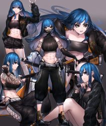 Rule 34 | 1girl, abs, absurdres, armpit peek, bandeau, bare shoulders, belt, black gloves, black jacket, black pants, black sclera, black shorts, blue hair, breasts, clothing cutout, colored sclera, commission, crop top, cutoffs, elbow gloves, fingerless gloves, gas mask, gloves, gradient background, highleg, highres, jacket, katana, large breasts, long hair, long sleeves, looking at viewer, m/, mask, midriff, multiple views, navel, neonbeat, open clothes, open jacket, original, pants, parted lips, ribbed shirt, sheath, sheathed, shirt, shoes, short shorts, shorts, shoulder tattoo, side cutout, sitting, skindentation, sleeveless, sleeveless shirt, sleeveless turtleneck, standing, stomach, strapless, sword, tattoo, thighs, tube top, turtleneck, weapon, yellow eyes, zoe wade