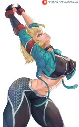 Rule 34 | 1girl, abs, absurdres, arched back, ass, blonde hair, breasts, cammy stretch (meme), cammy white, choker, cleavage, covered erect nipples, highres, large breasts, solo, street fighter, street fighter 6, stretching, white background