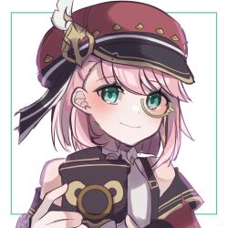 Rule 34 | 1girl, aqua eyes, bare shoulders, beret, blush, camera, charlotte (genshin impact), closed mouth, commentary request, detached sleeves, genshin impact, hat, highres, holding, holding camera, long sleeves, looking at viewer, monocle, nekomiya mint, pink hair, red hat, short hair, smile, solo