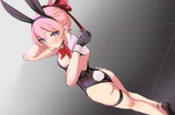 Rule 34 | 1girl, animal ears, ass, back, black gloves, blush, bow, bowtie, breasts, cleavage, detached collar, dutch angle, fake animal ears, gloves, leotard, looking at viewer, original, pink hair, playboy bunny, ponytail, purple eyes, rabbit ears, rabbit tail, skeptycally, small breasts, solo, tail, thigh strap, wrist cuffs