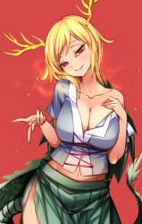 Rule 34 | 1girl, antlers, beckoning, blonde hair, breath, collarbone, come hither, commentary request, cowboy shot, dragon girl, dragon horns, dragon tail, highres, horns, kicchou yachie, looking at viewer, medium hair, midriff, navel, off shoulder, pointy ears, raptor7, red background, shell, short hair, simple background, skirt, smile, solo, tail, torn clothes, touhou