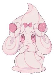Rule 34 | 1girl, alcremie, alcremie (ruby cream), alcremie (strawberry sweet), aliceyawnin, blush, bow, creatures (company), female focus, food, fruit, full body, game freak, gen 8 pokemon, hair bow, hand up, heart, heart in eye, nintendo, open mouth, pink bow, pokemon, pokemon (creature), red eyes, simple background, solo, standing, strawberry, symbol in eye, transparent background