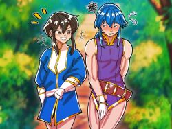 Rule 34 | 1boy, 1girl, alternate costume, belt, black eyes, black hair, blue eyes, blue hair, blush, commission, commissioner upload, cosplay, costume switch, crossdressing, embarrassed, fire emblem, fire emblem: genealogy of the holy war, gloves, larcei (fire emblem), larcei (fire emblem) (cosplay), mnejing30, nintendo, open mouth, oversized clothes, seliph (fire emblem), seliph (fire emblem) (cosplay), simple background, smile, smug, thighs, undersized clothes