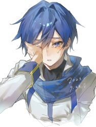 Rule 34 | 1boy, blue eyes, blue hair, blue scarf, commentary, crying, crying with eyes open, dated, hair between eyes, hand on own face, highres, kaito (vocaloid), kaito (vocaloid3), kazemi arashi, long sleeves, male focus, one eye covered, parted lips, scarf, short hair, simple background, solo, tears, upper body, vocaloid, white background
