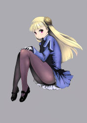 Rule 34 | 1girl, black footwear, blue shirt, blue skirt, blunt bangs, blush, capcom, capcom fighting jam, full body, gloves, hairpods, hands on own knees, highres, ingrid (capcom), invisible chair, johan (johan13), knees up, long hair, long sleeves, looking at viewer, mary janes, pantyhose, petticoat, pink eyes, plantar flexion, pouty lips, purple pantyhose, shirt, shoes, sitting, skirt, solo, straight hair, tareme, very long hair, white gloves