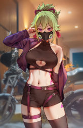 Rule 34 | 1girl, arm behind back, belt, black mask, black shorts, black thighhighs, blurry, blurry background, breasts, clothing cutout, collarbone, commentary, covered collarbone, cowboy shot, cropped jacket, foxyreine, genshin impact, green hair, hair between eyes, hand up, highres, indoors, jacket, kuki shinobu, large breasts, linea alba, long sleeves, looking at viewer, motor vehicle, motorcycle, navel, o-ring, open clothes, open jacket, patreon logo, patreon username, purple eyes, rope, shimenawa, short shorts, shorts, signature, single bare shoulder, skindentation, solo, standing, tassel, thighhighs, thighs, toned, underboob, underboob cutout, watermark, web address, zipper, zipper pull tab