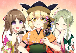 Rule 34 | 3girls, :d, ^^^, adapted costume, alternate costume, alternate hairstyle, bare arms, black hat, blonde hair, blush, bow, braid, brown hair, brown hat, calligraphy brush, closed mouth, eyebrows, eyelashes, floral print, flower, french braid, fur collar, gradient background, green hair, green kimono, hagoita, hair between eyes, hair flower, hair ornament, hair ribbon, hair up, hanetsuki, hat, heart, highres, holding, holding paddle, holding paintbrush, japanese clothes, kimono, lips, long hair, long sleeves, looking at another, looking at viewer, matara okina, multicolored clothes, multicolored headwear, multiple girls, musical note, nishida satono, obi, open mouth, orange kimono, ougi hina, outline, paddle, paint, paintbrush, parted bangs, pink kimono, purple eyes, quaver, red ribbon, ribbon, sash, short hair, short sleeves, sidelocks, single braid, smile, tareme, teireida mai, tongue, touhou, v-shaped eyebrows, white bow, white outline, wide sleeves, yellow eyes