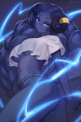 Rule 34 | 1girl, artist name, black hair, black pants, black skin, braid, breasts, colored skin, commentary, crop top, crop top overhang, cropped shirt, curled horns, electricity, english commentary, forehead, highres, horn ornament, horns, iwbitu, long hair, looking at viewer, midriff, navel, original, pants, pointy ears, purple eyes, shirt, short sleeves, smile, solo, tail, twin braids, twitter username, underboob, very long hair, white shirt