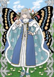 Rule 34 | 1boy, blue cape, blue eyes, bug, butterfly, cape, crown, fairy, fairy wings, fate/grand order, fate (series), grey hair, holding butterfly, insect, long sleeves, oberon (fate), official art, puffy sleeves, tunic, umino chika, wings