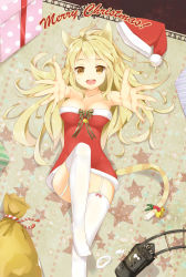Rule 34 | 1girl, :d, animal ears, bell, blonde hair, breasts, cat ears, cat tail, collarbone, from above, garter straps, hat, highres, kutata, large breasts, long hair, looking at viewer, lying, merry christmas, on back, open mouth, original, outstretched arms, sack, santa hat, smile, solo, star (symbol), tail, tail bell, tail ornament, thighhighs, white thighhighs, yellow eyes