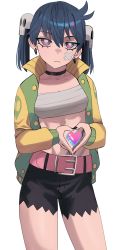 Rule 34 | 1girl, absurdres, belt, belt buckle, black hair, black nails, black shorts, breasts, buckle, closed mouth, crossed bandaids, earrings, green jacket, hair between eyes, hair ornament, heart, heart hands, highres, jacket, jewelry, ji-yoon (jourd4n), jourd4n, looking at viewer, medium breasts, nail polish, navel, open clothes, open jacket, original, pink belt, red eyes, sarashi, short shorts, shorts, simple background, skull hair ornament, solo, standing, twintails, white background