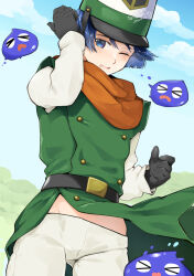 &gt;_&lt; 1boy adjusting_hair artist_name belt belt_buckle black_belt black_gloves blue_eyes blue_hair blue_sky blush buckle buttons character_request cloud cowboy_shot dated day double-breasted dragon_quest gloves green_shirt groin kinako_(mzknk0) male_focus monster one_eye_closed open_mouth orange_scrunchie outdoors pants scrunchie shirt short_hair signature sky slime_(creature) slime_(dragon_quest) tree twitter_username white_pants white_sleeves wind