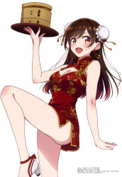Rule 34 | 1girl, absurdres, bare arms, blush, breasts, brown eyes, bun cover, china dress, chinese clothes, cleavage, cleavage cutout, clothes lift, clothing cutout, double bun, dress, hair bun, high heels, highres, holding, holding tray, kanojo okarishimasu, long hair, looking at viewer, medium breasts, megami magazine, mizuhara chizuru, official art, open mouth, red dress, scan, simple background, skirt, skirt lift, smile, solo, standing, standing on one leg, thighs, tray, white background, white footwear