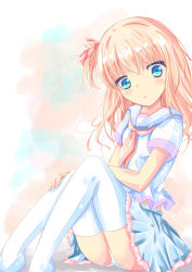 Rule 34 | 1girl, blonde hair, blue eyes, blue skirt, blush, bow, commentary request, hair between eyes, hair bow, head tilt, long hair, looking at viewer, neckerchief, no shoes, one side up, orange bow, original, panties, parted lips, pink neckerchief, pleated skirt, school uniform, serafuku, shihou haru, shirt, short sleeves, skirt, solo, thighhighs, underwear, white panties, white shirt, white thighhighs