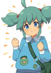 Rule 34 | 1girl, absurdres, bag, blue eyes, child, green hair, hair bobbles, hair ornament, hands up, highres, kappa, kawashiro nitori, kindergarten bag, kindergarten uniform, long sleeves, looking at viewer, no headwear, no headwear, o-ring, omotin, own hands clasped, own hands together, shirt, short hair, shoulder bag, smile, solo, sticker, touhou, two side up