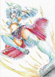 Rule 34 | 1girl, absurdres, animal ears, bad id, bad pixiv id, bare shoulders, breasts, colored pencil (medium), detached sleeves, female focus, highres, inubashiri momiji, jumping, kicking, kitazinger, large breasts, midriff, navel, panties, pantyshot, short hair, silver hair, solo, tail, thighhighs, touhou, traditional media, underwear, white panties, white thighhighs, wolf ears, wolf tail