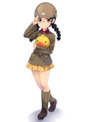 Rule 34 | 10s, 1girl, bird, black hair, blush, boots, braid, brown eyes, chi-hatan military uniform, duck, fukuda haru, full body, girls und panzer, glasses, helmet, highres, holding, jacket, knee boots, looking at viewer, military, military uniform, miniskirt, nagayori, pleated skirt, salute, skirt, smile, solo, standing, twin braids, twintails, uniform, white background