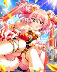Rule 34 | 1girl, animal ears, bell, confetti, dog tail, earrings, idolmaster, idolmaster cinderella girls, japanese clothes, jewelry, jingle bell, jougasaki mika, nail polish, official art, pink hair, red nails, ring, tail, thighhighs, twintails, white nails, yellow eyes