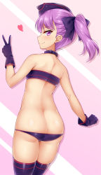 Rule 34 | 1girl, ass, back, bandeau, bare back, bare shoulders, black thighhighs, blush, bow, butt crack, choker, closed mouth, cowboy shot, dimples of venus, fate/grand order, fate (series), from behind, gloves, gradient background, hair bow, hat, heart, helena blavatsky (fate), helena blavatsky (swimsuit archer) (fate), helena blavatsky (swimsuit archer) (third ascension) (fate), highres, kuragari, looking back, lowleg, lowleg panties, panties, profile, purple choker, purple eyes, purple gloves, purple hair, purple hat, purple panties, purple thighhighs, short hair, side ponytail, smile, solo, standing, strapless, thighhighs, tsurime, tube top, underwear, v