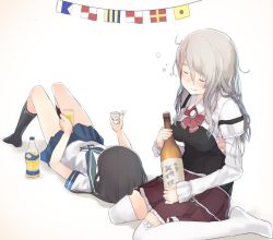 Rule 34 | 10s, 2girls, black hair, black socks, blouse, blue skirt, blush, bottle, bow, bowtie, breasts, bubble, choko (cup), closed eyes, commentary request, corset, cup, drinking glass, drunk, eyebrows, flag, full body, fuu fuu, grey hair, hair between eyes, hatsuyuki (kancolle), holding, holding bottle, holding cup, kantai collection, kneehighs, knees up, large breasts, long hair, lying, multiple girls, no shoes, on back, pleated skirt, pola (kancolle), red bow, red bowtie, ribbon, sake bottle, school uniform, serafuku, shadow, shirt, short sleeves, simple background, skirt, sleeves past wrists, socks, soda bottle, string of flags, thick eyebrows, thighhighs, wavy hair, white background, white legwear, white ribbon, white shirt, wine bottle, zettai ryouiki