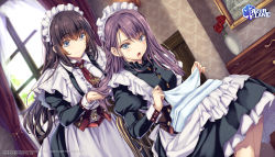 Rule 34 | 2girls, azur lane, black hair, blue eyes, braid, brown hair, chair, commentary request, copyright name, curacoa (azur lane), curlew (azur lane), dutch angle, flower, grey eyes, hair between eyes, highres, indoors, juliet sleeves, light particles, long hair, long sleeves, maid headdress, monety, multiple girls, open mouth, puffy sleeves, sitting, smile, vase, window