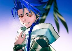 Rule 34 | 1boy, age regression, aged down, asymmetrical bangs, blue hair, bracelet, braid, braided ponytail, cu chulainn (fate), earrings, fate/grand order, fate/grand order arcade, fate (series), grin, highres, hood, hood down, jewelry, long hair, looking at viewer, male focus, ponytail, red eyes, setanta (fate), slit pupils, smile, solo, spiked hair, syo chikubai