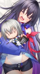 Rule 34 | 1girl, absurdres, armband, black gloves, black shorts, blue scarf, bronya rand, character doll, chikuwabuta, closed eyes, doll, fingerless gloves, furrowed brow, gloves, highres, holding, holding doll, honkai: star rail, honkai (series), implied yuri, leotard, leotard under clothes, long hair, open mouth, red armband, scarf, seele (honkai: star rail), short shorts, shorts, smile, solo, stuffed animal, stuffed toy, teeth, upper body, upper teeth only, white leotard, | |