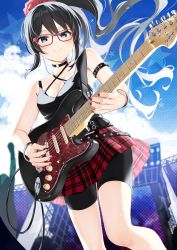 Rule 34 | 1girl, absurdres, black choker, black eyes, black hair, black panties, black pants, black tank top, blue sky, bracelet, cable, chain-link fence, choker, cloud, commission, dotted background, electric guitar, fence, floating hair, glasses, guitar, high ponytail, highres, holding, holding instrument, instrument, jewelry, looking at viewer, military, miniskirt, nail polish, original, panties, pants, plaid, plaid skirt, red-framed eyewear, red nails, red scrunchie, red skirt, riripoinya, scrunchie, shirt, short shorts, shorts, skeb commission, skirt, sky, sky, sleeveless, sleeveless shirt, smile, smug, solo, star (symbol), studded armlet, tank top, underwear