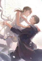 Rule 34 | 1boy, 1girl, absurdres, artem wing (tears of themis), backlighting, bare shoulders, black coat, black pants, blue eyes, brown hair, coat, couple, day, dress, fireworks, formal, happy birthday, highres, looking at another, looking at viewer, pants, ponytail, qianqing (930907), rosa (tears of themis), sleeveless, sleeveless dress, tears of themis, thighhighs, wedding dress, white background, white dress, white thighhighs