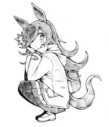 Rule 34 | 1girl, :c, absurdres, animal ears, backpack, bag, blush, closed mouth, coat, enoki art, flower, from side, full body, greyscale, hair over one eye, hands on own cheeks, hands on own face, hat, highres, hood, hood down, hooded coat, horse ears, horse girl, horse tail, long hair, long sleeves, looking at viewer, monochrome, pantyhose, pleated skirt, rice shower (umamusume), rose, shoes, skirt, solo, squatting, tail, umamusume