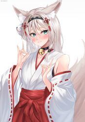 Rule 34 | 1girl, absurdres, an-94 (girls&#039; frontline), animal ears, aqua eyes, bell, blush, collar, double fox shadow puppet, exposed shoulder, fox ears, fox mask, fox shadow puppet, fox tail, girls&#039; frontline, hairband, highres, japanese clothes, long hair, mask, miko, neck bell, solo, sweatdrop, tail, tigger drawing, white background, white hair