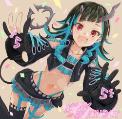 Rule 34 | 1girl, nanashi inc., belt, belt bra, black gloves, black hair, black jacket, black skirt, black thighhighs, blue belt, blue hair, blush, chest belt, clothing cutout, commentary request, confetti, cowboy shot, cropped jacket, cross-laced clothes, cross-laced sleeves, demon girl, demon horns, demon tail, fang, flat chest, garter straps, gloves, grey skirt, happy birthday, highres, horns, jacket, layered skirt, long hair, long sleeves, looking at viewer, midriff, multicolored hair, navel, open clothes, open jacket, open mouth, partially fingerless gloves, pointy ears, red eyes, shirana tamana, shishio chris, shoulder cutout, simple background, single thighhigh, skin fang, skirt, smile, solo, sugar lyric, tail, thighhighs, two-tone hair, virtual youtuber, zipper skirt